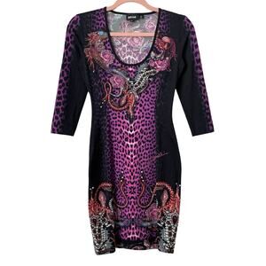 Vintage Just Cavalli Dress Women 38 XS Leopard Snake Rose Y2K Bodycon Mini